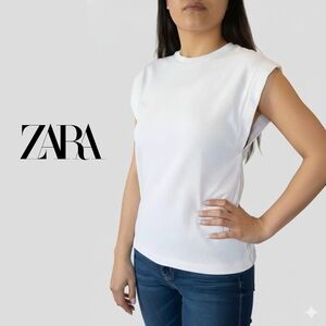 🟣 Sz S Zara Women's Classic White Rib Knit Muscle Tee